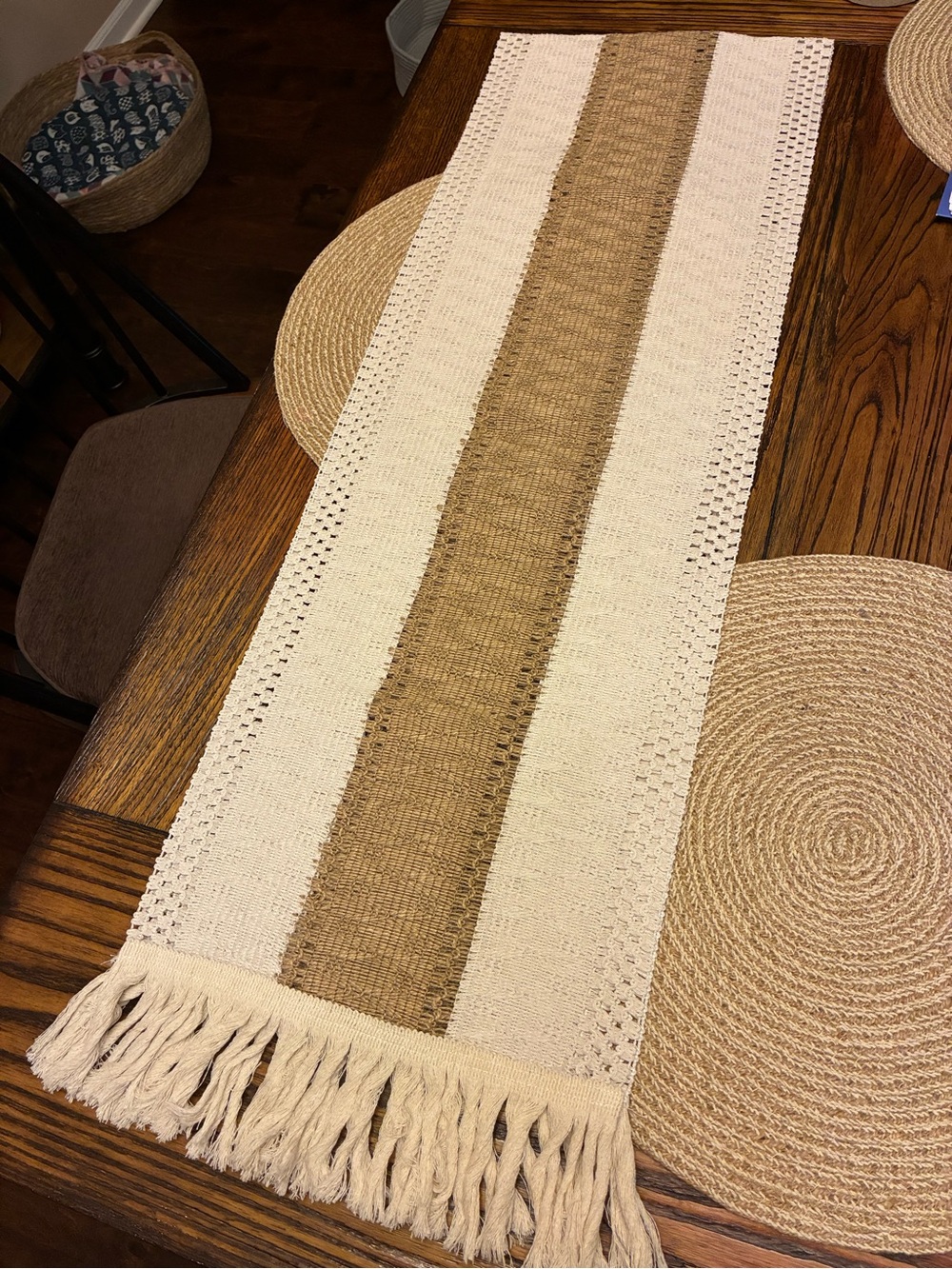 Amazon Boho/Shabby Chic Woven Fringe Table Runner in Cream and Tan